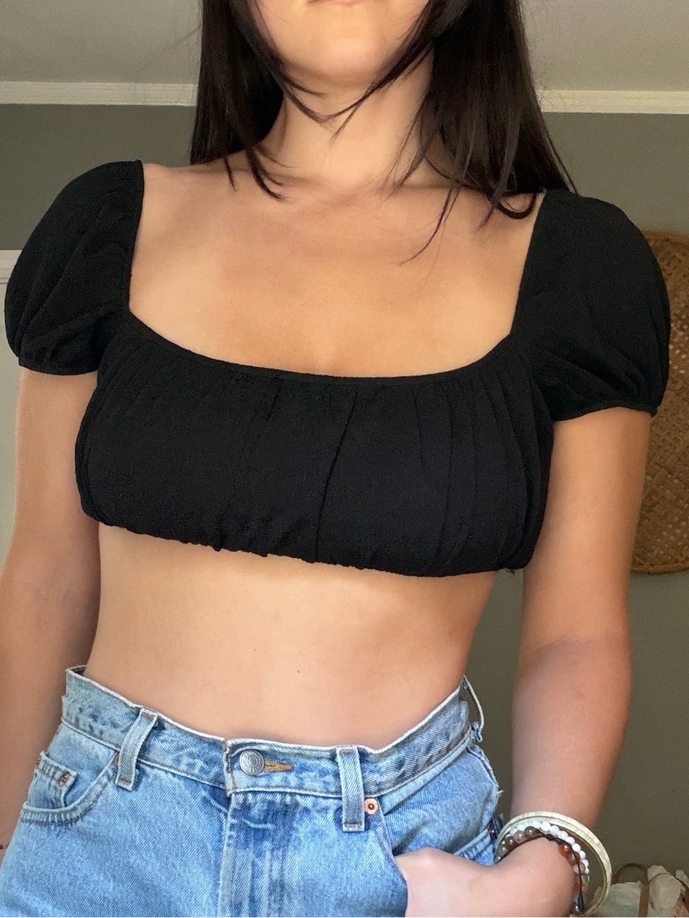 Black Puff Short Sleeve Crop Top